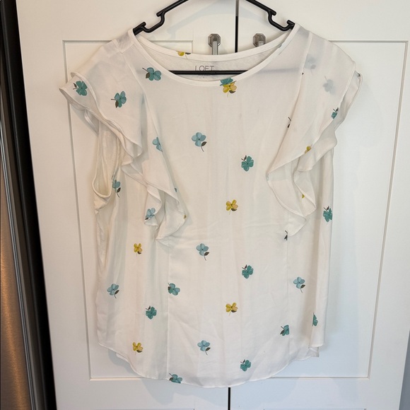 LOFT Tops - LOFT White Floral Ruffle-Sleeve Blouse with Teal & Yellow Accents